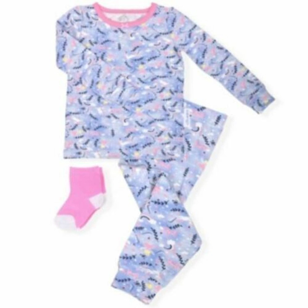 Max & Olivia 2-Piece Pajama Set + Socks Girls Fairy Unicorn Print Blue Pink 2T